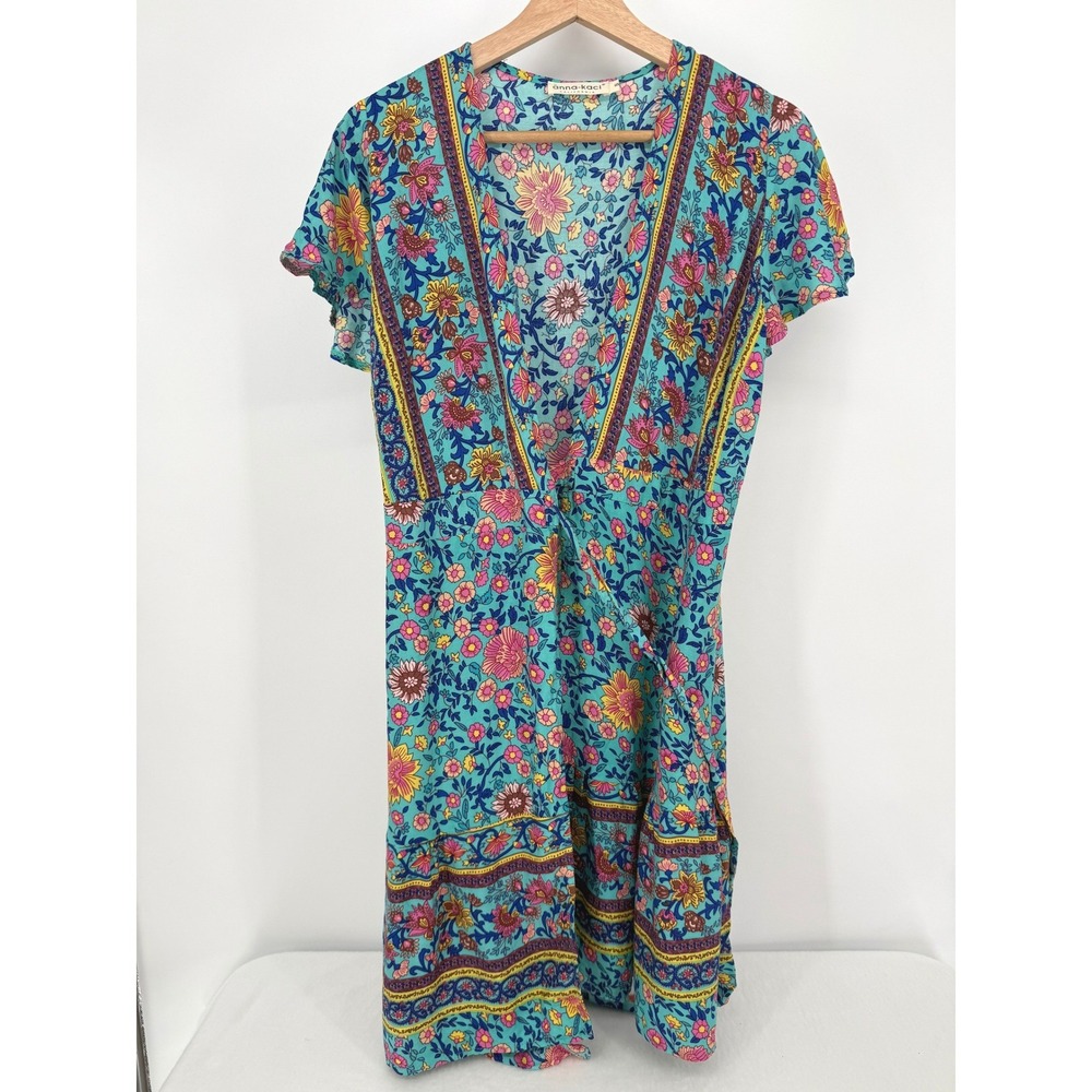 Anna-Kaci Wrap Dress Womens Size S Turquoise Floral Boho Rayon Mini Dress